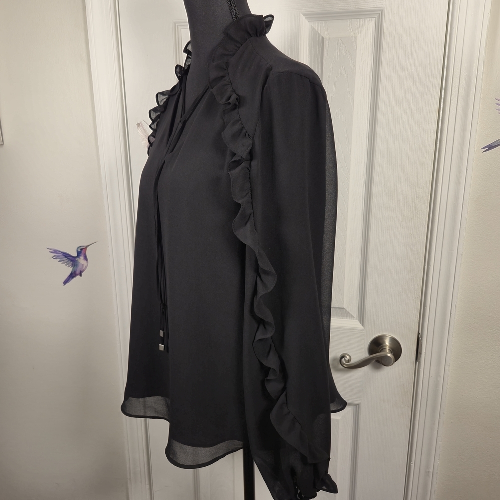 Calvin Klein Black Ruffle V-Neck Chiffon Blouse Size M - Picture 3 of 6